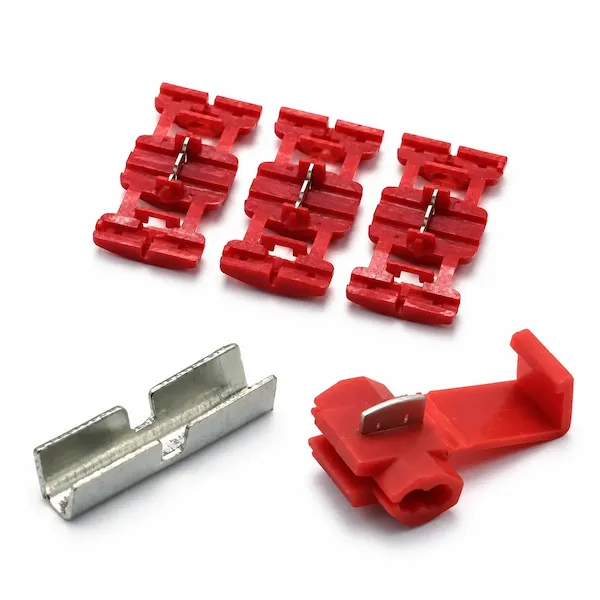 Red wire splice connectors and an open metal crimp splice